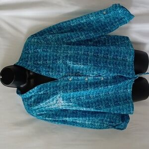Heart of Palms Abstract Turquoise Top or jacket,  button & waist tie, shiny